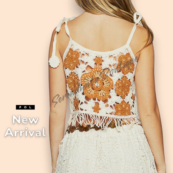 POL Cami Crochet Fringe Tie Strap Boho Crop Top - Picture 6 of 10